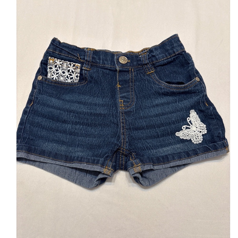 Beautees Girls Dark Wash Denim Butterfly Lace Shorts Size S 7/8 Elastic Waist